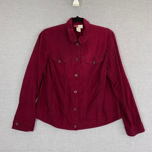 JM Jennifer Moore Linen Blend Shirt Womens 12 Top Wine Red Pockets Button Down - Picture 1 of 8